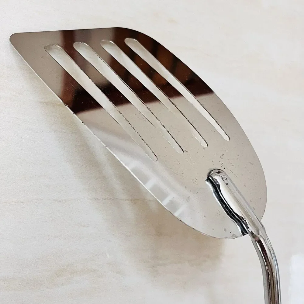 Vintage EKCO 13” Slotted Spatula Turner Angled Chromium Plated USA Green Handle